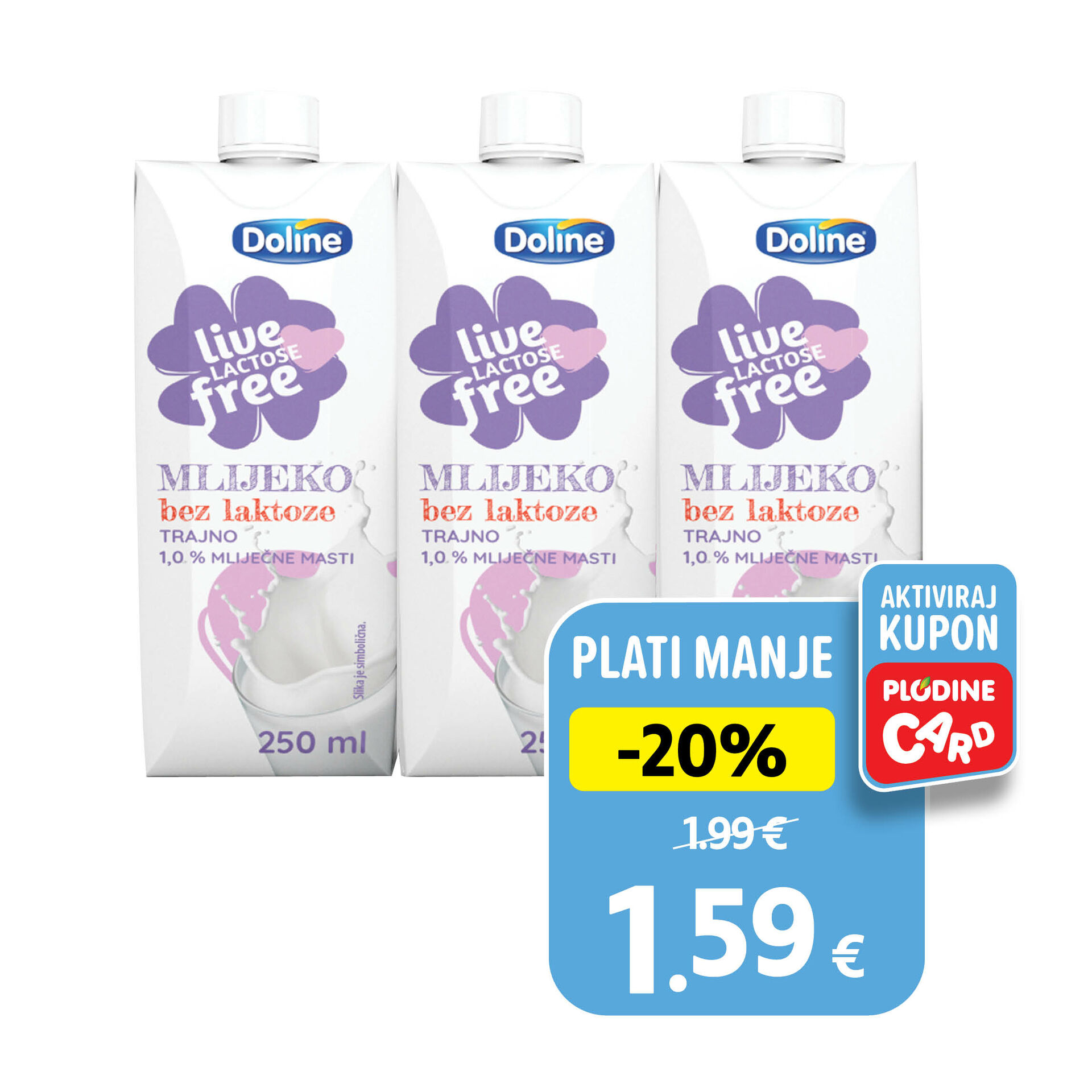 Trajno mlijeko, 1,0% m.m. 3x 250 ml