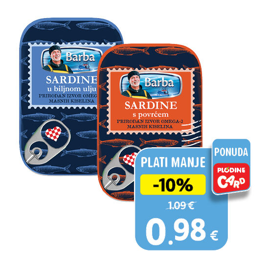 Sardina u biljnom ulju ili s povrćem 108 g, *ocijeđene mase 75,6 g