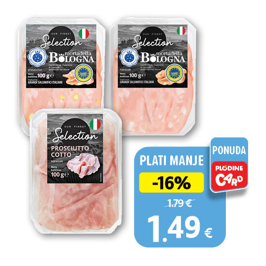 Kuhana šunka, mortadela obična ili s pistacijom, polutrajni proizvod 100 g